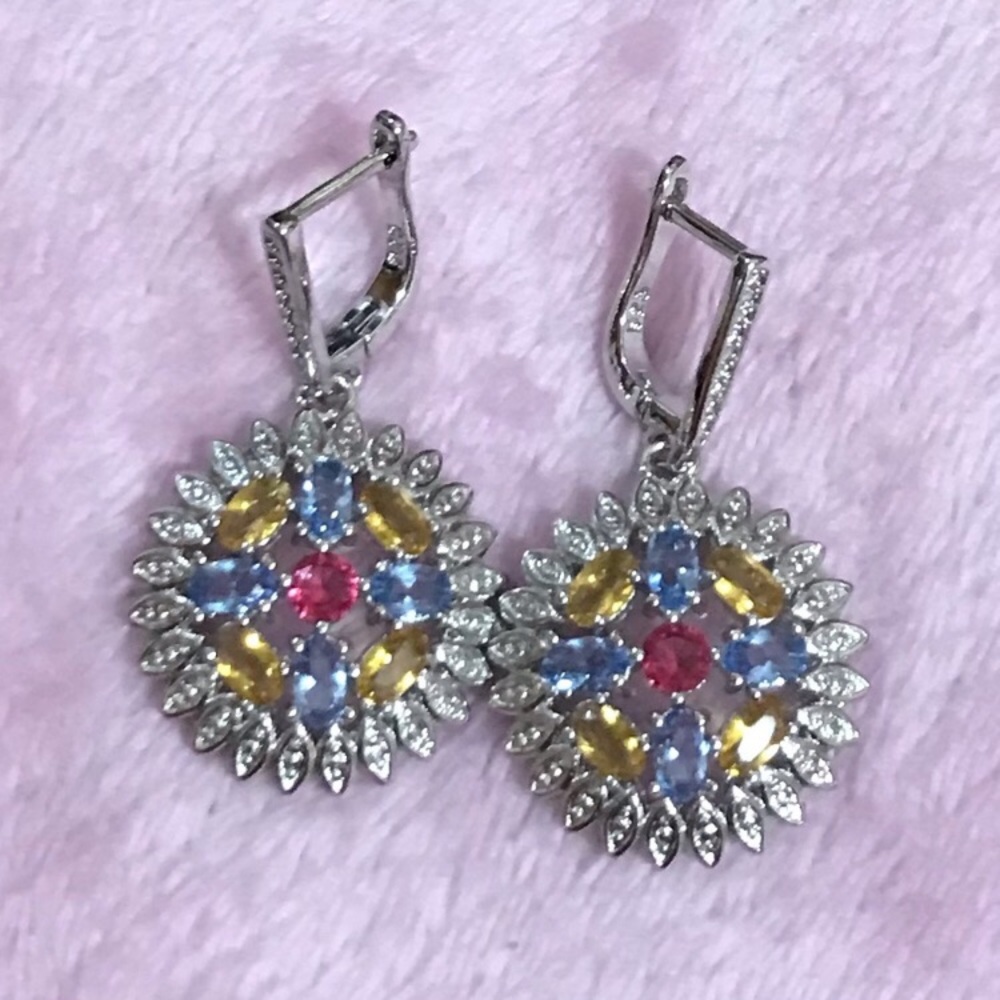 925 Sterling Silver Multicolor Tourmaline Citrine Violet Tanzanite Earrings